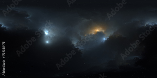 360 degree space nebula. Giant interstellar cloud with stars, equirectangular projection, environment map. Spherical panorama. 3D rendering, Fractal image