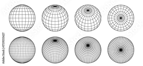 3D wireframe globe grid spheres PNG. Futuristic cyberpunk virtual reality geometry vector set