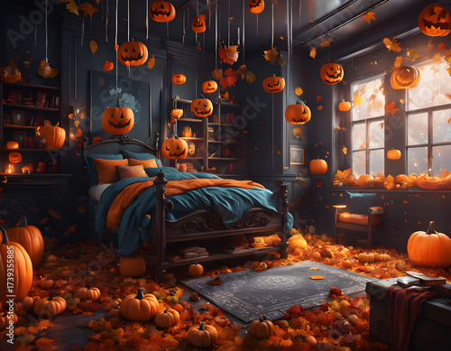 A cozy Halloween-themed bedroom decorated with glowing jack-o-lanterns, autumn leaves, and warm candlelight for a magical spooky night. Concept of Halloween. CG Artwork Background