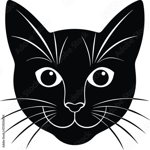 Black and white vector illustration of a cute domestic feline kitten with big eyes and whiskers