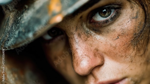 Close-up portrait of tired female worker with dirty face and blue eyes in helmet