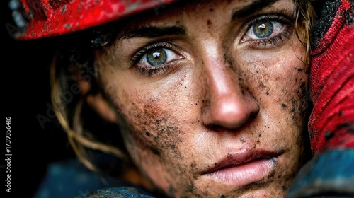 Close-up dirty face of woman in helmet with intense blue eyes, industrial worker portrait