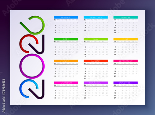 2026 Printable Calendar Design Template with Cut Out Colorful Number Symbol and Whole Annual Monthly Typography on White Background for New Year. Horizontal Schedule Planner Illustration for Wall