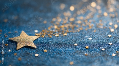 Sparkling confetti applique on dark blue glitter cardboard with shooting star and stardust effect, symbolizing dreams, celebration, and the magic of making a wish in a festive cosmic night background 
