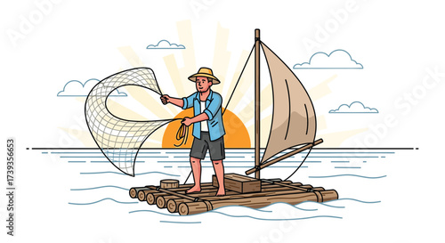 Fisherman on a Log Raft at Sunset: Traditional Fishing Illustration with Throw Net, Minimalist Design, Ocean Scene, and Cultural Heritage Element.