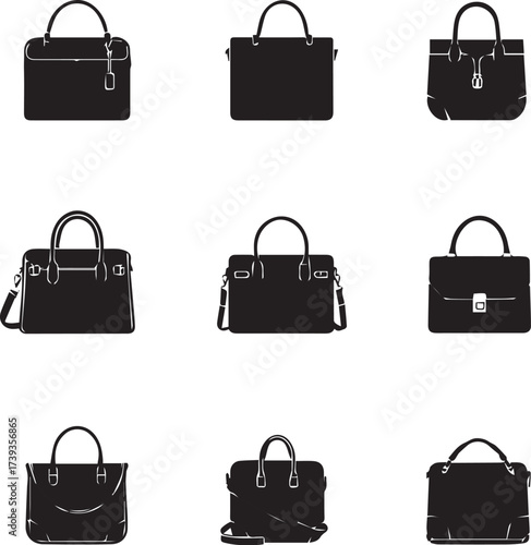 Collection of Nine Different Handbag Styles Vector Silhouette Set for Fashion and Accessories