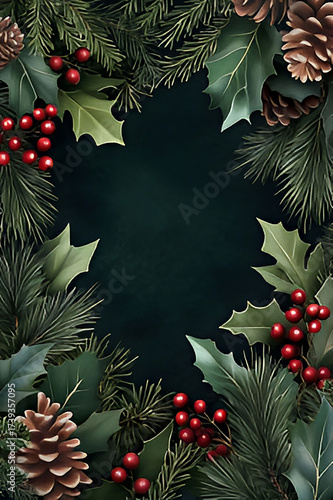 Fir tree branches and red berries border, space for text, christmas card, christmas background