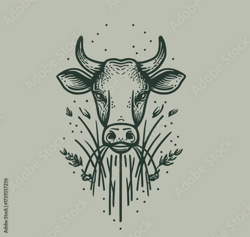 A detailed illustration features a cows head prominently, with grass and wheat mixed around it. The design has a minimalist style and earth-tone colors.