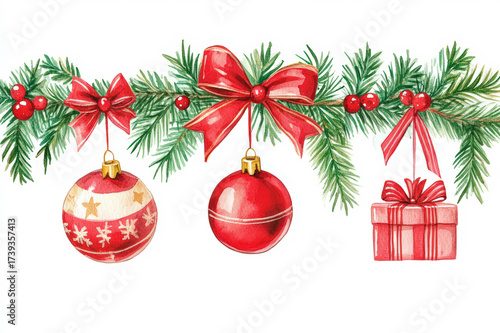 Festive Christmas Garland With Red Ornaments And Gift Box Decoration For Holidays