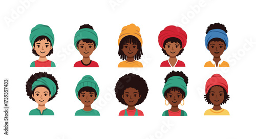 Diverse Collection of Black Women Avatars with Headwraps and Hairstyles: Representation, Inclusion, and Cultural Identity in Vector Illustration