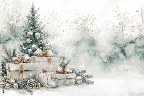 Festive Gift Boxes in Snowy Winter Scene with Copper Ribbons and Pine Trees, space for text, christmas card