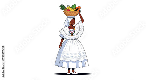 Panamanian Woman in Pollera Dress Carrying Fruit Basket: Celebrating Culture, Tradition, and Tropical Abundance in a Vibrant Illustration, Highlighting Panama's Rich Heritage