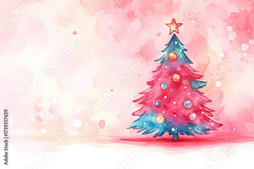 Watercolor Christmas Tree with Ornaments and Accents in Soft Winter Scene, space for text, christmas card