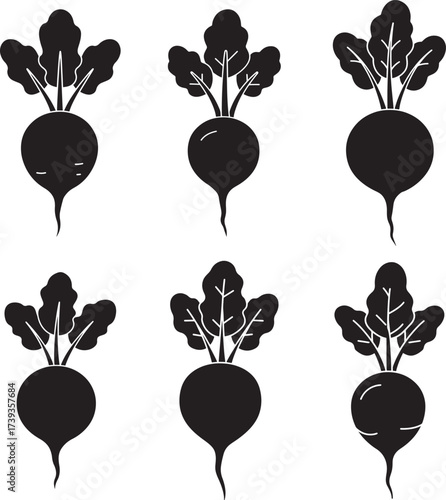 Set of six stylized black silhouette illustrations of fresh radishes with green leaves