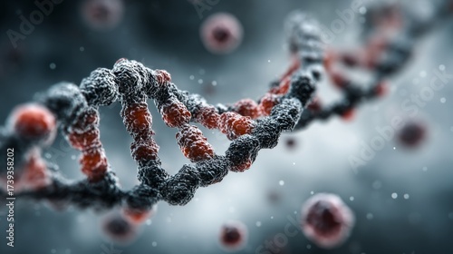 Glowing DNA strands with red nodes on dark background under microscopic view.