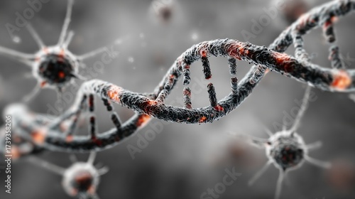 Glowing DNA strands with red nodes on dark background under microscopic view.