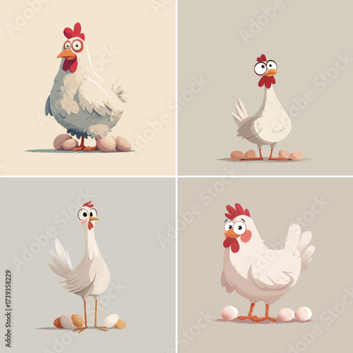 Four cartoon-style hens are shown in various poses, all surrounded by eggs. The whimsical characters display fun expressions in a soft color palette.