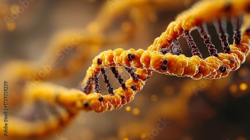 Close-up of colorful DNA strand structure with molecular detail on yellow background.