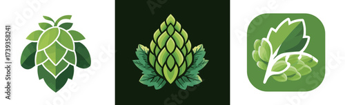 This display showcases three distinct green hop illustrations that highlight their unique shapes and textures. Each design reflects the lush characteristics of hops.