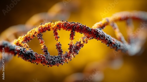 Close-up of colorful DNA strand structure with molecular detail on yellow background.