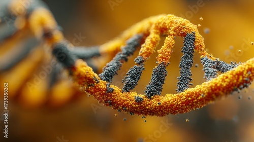 Abstract DNA strand composed of orange and black particles on blurred background.
