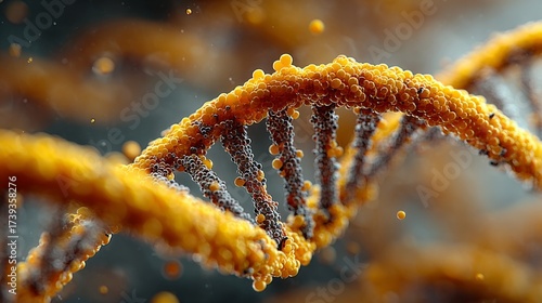 Abstract DNA strand composed of orange and black particles on blurred background.
