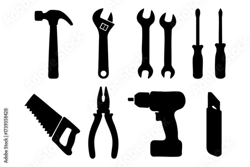 Tools and repair silhouette icon set – construction, maintenance, handyman symbols