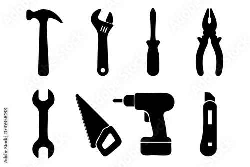 Tools and repair silhouette icon set – construction, maintenance, handyman symbols