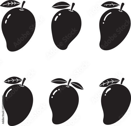 Six silhouettes of ripe mangoes with stems and leaves on a white background