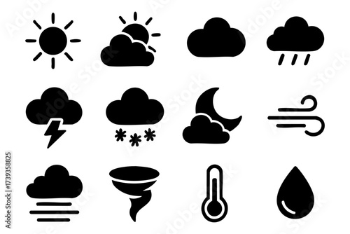 Weather and climate silhouette icon set – sun, cloud, rain, storm symbols