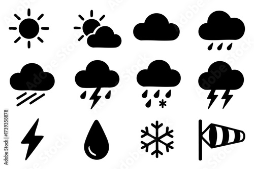 Weather and climate silhouette icon set – sun, cloud, rain, storm symbols