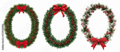 Set of vintage Christmas wreaths. Christmas green round frames decorated with red bow and holly berries. Frames for retro designs for Christmas events.
