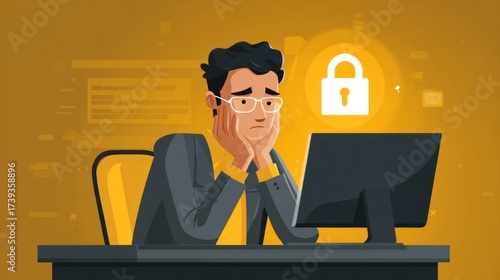 Frustrated employee working on computer office environment digital illustration stressful situation close-up view cybersecurity awareness
