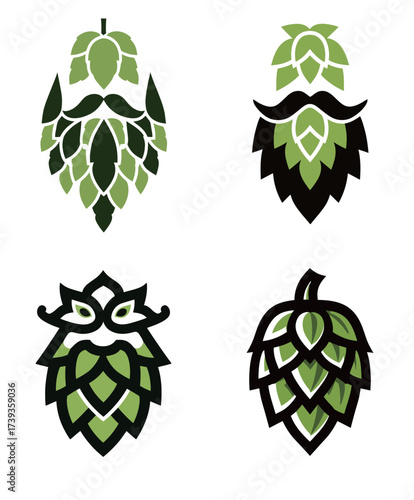 Four creative designs showcase hops in various forms, with bearded characters and nature-inspired patterns. Each design highlights different shades of green and black.