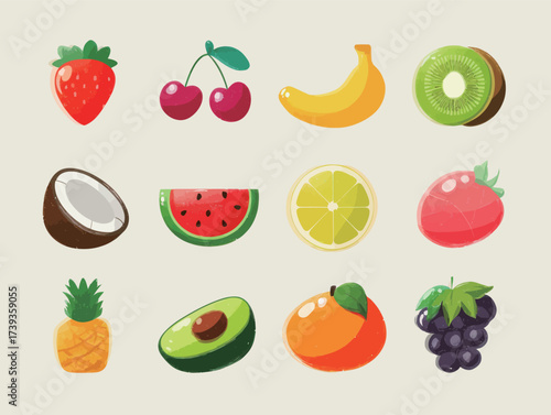Various fruits are displayed in a vibrant illustration, including strawberries, cherries, bananas, and more. This colorful arrangement showcases healthy options.