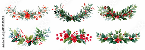 Watercolor set of Christmas green frames and garlands. Hand painted watercolor garland of holly branches and berries. Christmas decorations for cards, banners, etc.