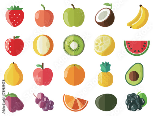This vibrant assortment showcases various fruits like strawberries, bananas, and melons. The colorful design highlights the freshness and diversity of each fruit type.
