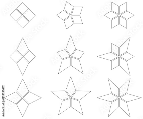 Geometric star shapes vector set with 4 5 6 points
