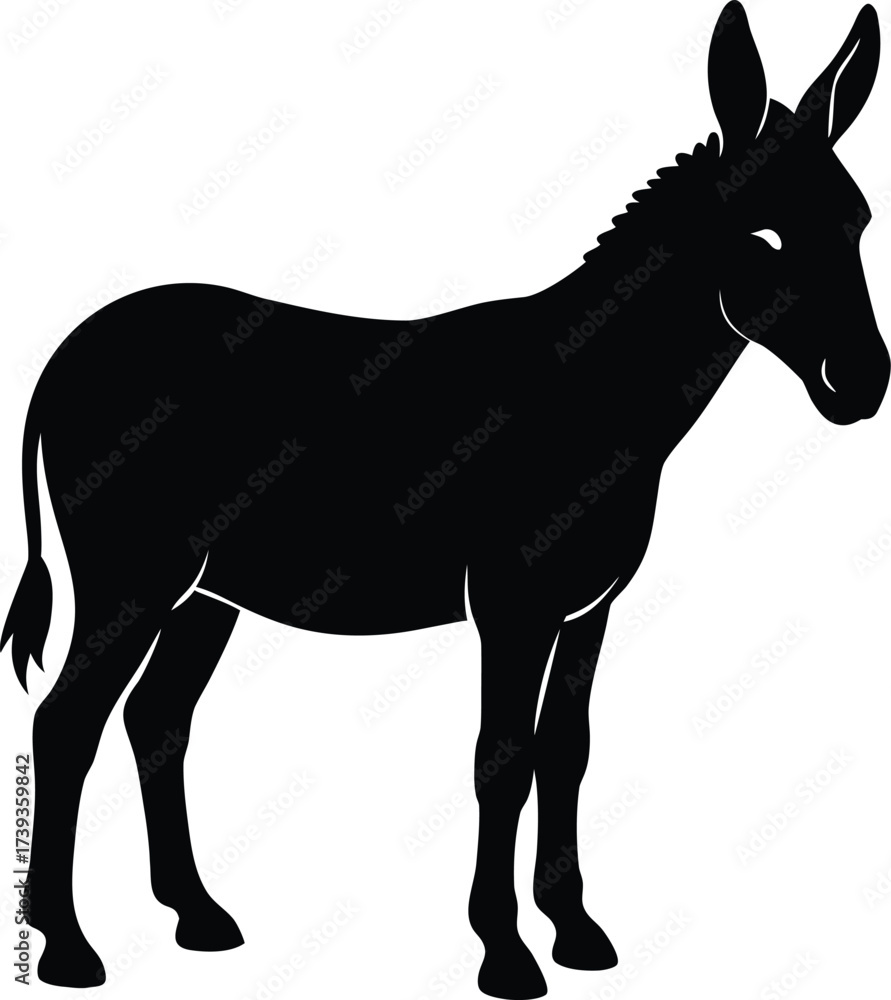 Fototapeta premium Black donkey silhouette isolated on white background, a vector illustration of the farm animal