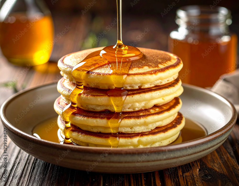 custom made wallpaper toronto digitalStacked ricotta pancakes with honey drizzle on rustic ceramic plate