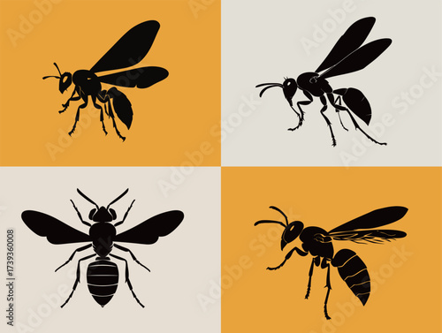 Four contrasting illustrations display different bee species in black silhouette against orange and gray backgrounds. This artwork highlights bee diversity and their importance.