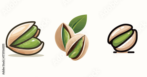 Three creative designs of pistachios display their open shells and bright green nuts. Each illustration offers a unique artistic take on this popular nut.