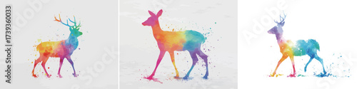 A vibrant deer silhouette walks gracefully across a white background, showcasing an artistic blend of colors in shades of blue, pink, and yellow, creating a lively effect.