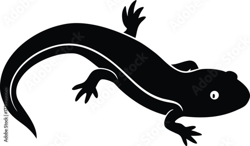 Black silhouette of a reptile or lizard on a white background with a tail and small gecko features