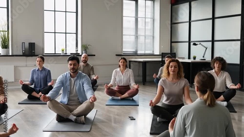Diverse group of people meditating in an office yoga class