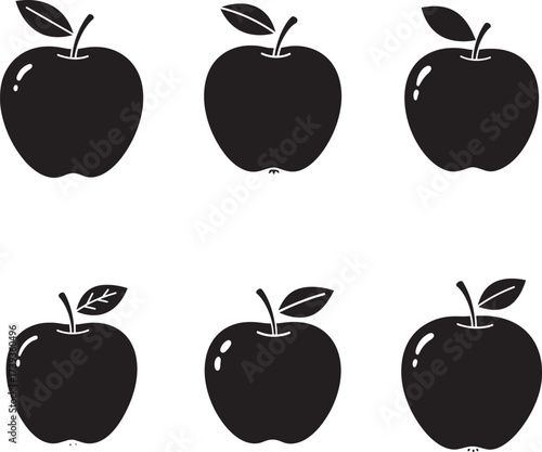 Six stylized black silhouette apples with stems and leaves on a white background