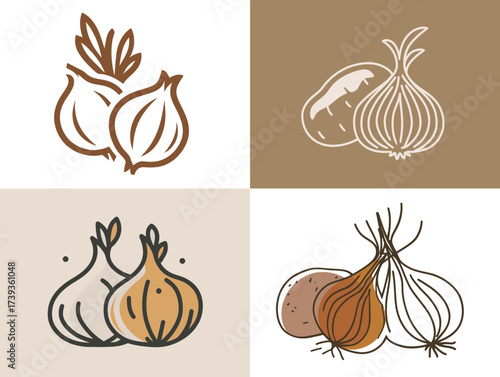 Different varieties of onions are depicted in a minimalist style. The design features outlines and shapes representing both common onions and shallots in neutral tones.
