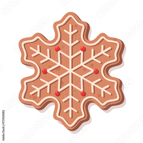 Christmas gingerbread cookie in form of snowflake decorated of sugar icing. Vector illustration isolated on a white background.	