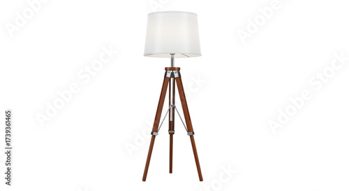 Lampu Lantai Tripod Modern, Kap Putih Dan Kaki Kayu Coklat