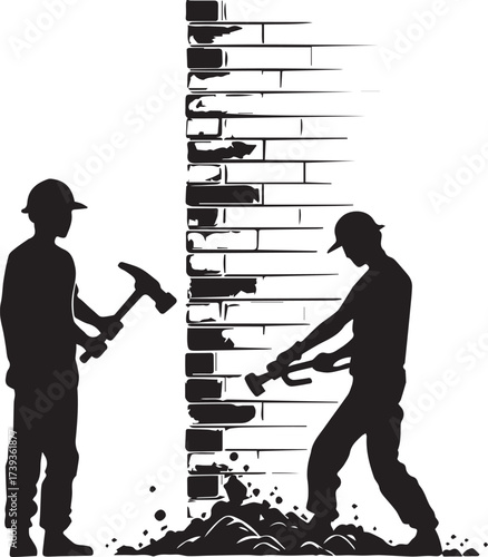 Black and white vector illustration of construction workers demolishing brick wall with sledgehammers